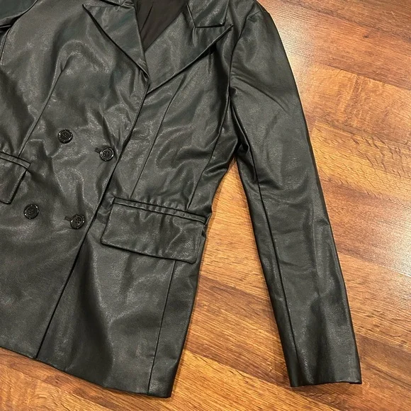 Princess Polly Faux Leather Blazer Double Breasted Jacket Black Womens S/M - Picture 2 of 8
